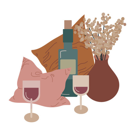 Composition with red wine vector illustration. Bottle of wine, glasses, soft pillows and vase with dry flowers isolated on white background. Home party concept Flat styleのイラスト素材