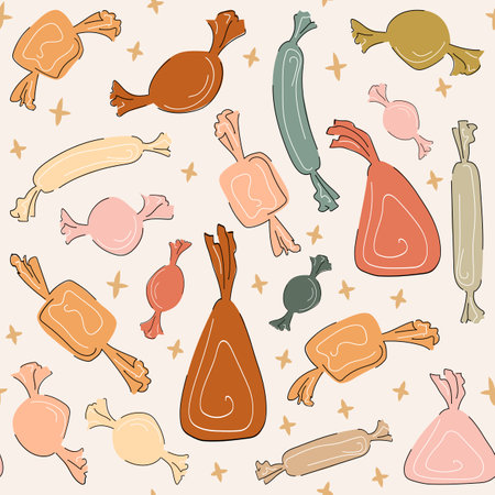 Candies boho seamless pattern vector illustration in muted neutral colors Different shapes and sizes Black and white outline childish flat doodle style bohemian designのイラスト素材