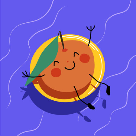 Summer design with cute smiling orange character swimming on inflatable ring in blue water Childish funny fruit Vector illustration in flat cartoon style for prints, tee, greeting cardsのイラスト素材
