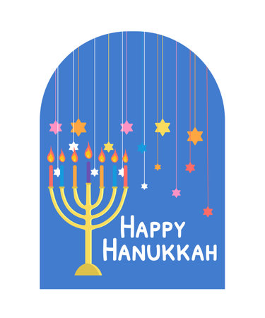 Happy Hanukkah celebration card Menorah with colorful candles, text, David stars at blue window isolated on white background Vector illustration in flat cartoon style for poster, greeting cards, iconsのイラスト素材