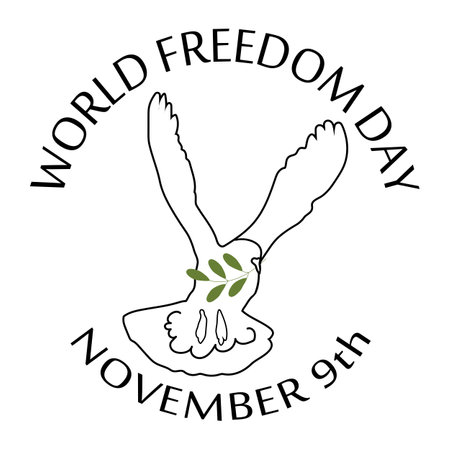 World freedom day emblem with flying dove of peace. Celebration card with typography and bird wirh olive branch. Round shape badge Flat cartoon style vector illustrationのイラスト素材