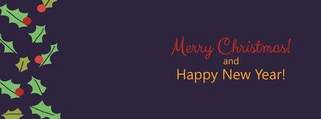 Christmas background with holly leaves and berries Horizontal banner, greeting card, invitation with copy space for text Simple flat style Vector illustrationのイラスト素材