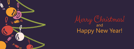 Christmas background with abstract fir tree decorated by balls and candies Horizontal banner, greeting card, invitation with copy space for text Simple flat style Vector illustrationのイラスト素材