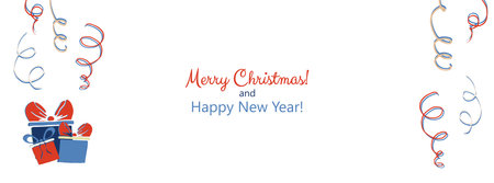 Christmas background with gift boxes and streamers. Horizontal banner, greeting card, invitation with copy space for text. Simple flat style. Vector illustrationのイラスト素材