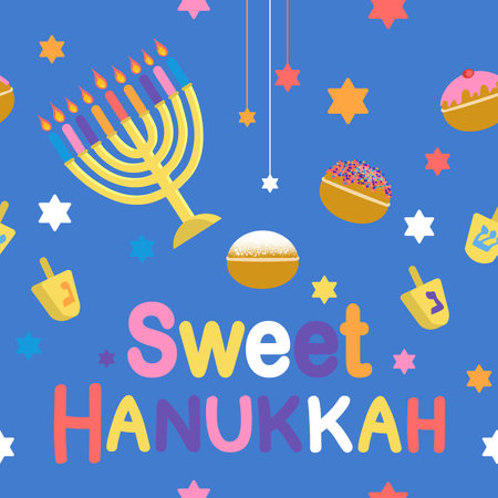 Sweet Hanukkah seamless pattern Happy Hanukkah celebration card with menorah, David stars, sufganiyah, dreidel on blue background Vector illustration in flat cartoon styleのイラスト素材