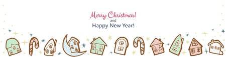 Horizontal background with gingerbread houses and stars vector illustration with copy space for text. Cute cookies with stars isolated on white. Flat cartoon styleのイラスト素材