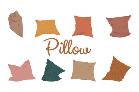 Pillow set vector illustration isolated on white background. Interior textile. Colorful simple cushions of warm neutral colors with soft folds Pajama party symbol Flat styleのイラスト素材