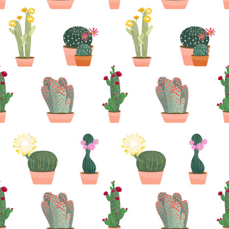 Flowering cacti seamless pattern vector illustration. Different blooming houseplants in pots. Cute succulents of various colors and shapes. Elements are isolated on whiteのイラスト素材