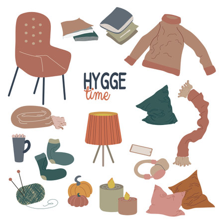 Hygge time set vector illustration. Warm neutral scandinavian palette. Home decor and leasure time elements with text. Flat cartoon style. All objects are isolatedのイラスト素材
