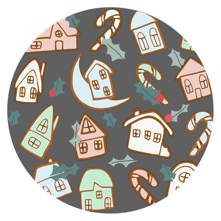 Gingerbread house circle shape card vector illustration Pink, blue, green and white cookies with candy cane and holly on grey background Flat cartoon style vector illustrationのイラスト素材