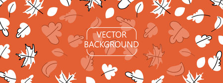 Autumn leaves background. Doodle white falling leaves in different shapes with black outline on red backdrop. Childish design Simple flat style vector illustrationのイラスト素材