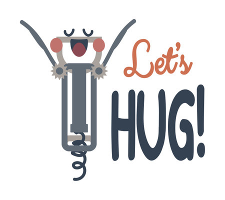 Corkscrew smiling character vector illustration isolated on white background Cute composition with phrase for bar, menu decoration Friday wine concept Flat cartoon styleのイラスト素材
