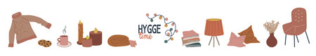 Hygge time collection vector illustration. Neutral scandinavian palette. Home decor and leasure time elements with text. Cute autumn banner. All objects are isolatedのイラスト素材