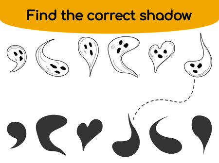 Find the correct shadow. Kids educational game. Cute Halloween ghosts of different shapes. Vector illustration in flat cartoon style for childrens books and magazinesのイラスト素材