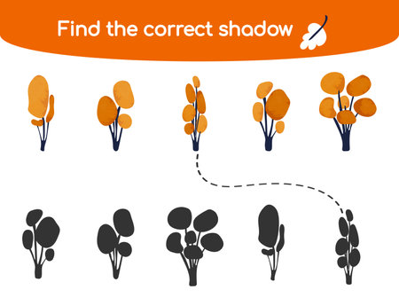 Find the correct shadow. Kids educational game Cute autumn trees with watercolor texture Vector illustration in flat cartoon style for childrens books and magazinesのイラスト素材