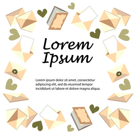 Square frame with envelopes and hearts and copy spase for test isolated on white background Vector illustration in flat cartoon style Beige and greeのイラスト素材