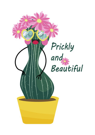 Cute happy smiling green cactus with sunglasses and flowers with text Prickly and Beautiful Vector illustration in flat cartoon style isolated on white background Funny poster, card, teeのイラスト素材
