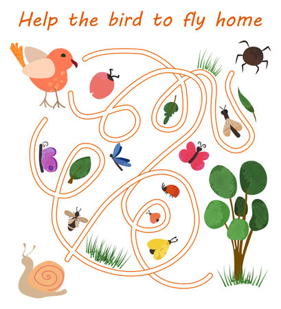Maze game for preschool children. Help the bird to fly home labyrinth for kids with cute bright insects and bird in flat cartoon style. Vector illustration isolated on white backgroundのイラスト素材