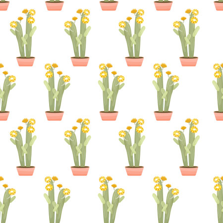 Flowering cacti seamless pattern vector illustration. Blooming light green houseplants in pots with...
