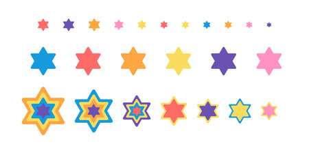 star of David set 24 bright elements in different colors and size Vector illustration in flat style Every object isolated on white backgroundのイラスト素材