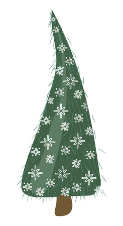 Cute deep green christmas tree with needles Xmas fir decorated by white snowflakes Vector illustration in flat cartoon style isolated on white backgroundのイラスト素材
