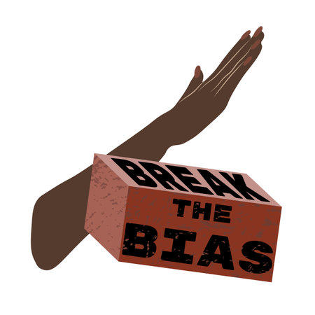 Break the bias icon. Dark skinned hand raised to break the brick with text. Womens gesture against discrimination. Vector illustration in flat style isolated on white backgroundのイラスト素材