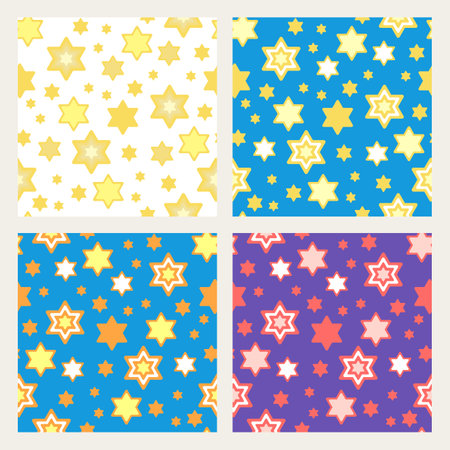 Set of 4 seamless patterns with star of David in bright colours Vector illustration for Hanukkah holiday, wrapping paper, textile, fabric and packaging decorationのイラスト素材