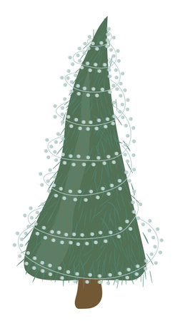 Cute deep green christmas tree with needles Xmas fir decorated by blue lights Vector illustration in flat cartoon style isolated on white backgroundのイラスト素材