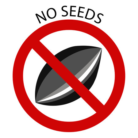 No seeds sign. No sunflower grain icon with black and white seed crossed out in red circle with text. Vector illustration in flat style isolated on white backgroundのイラスト素材