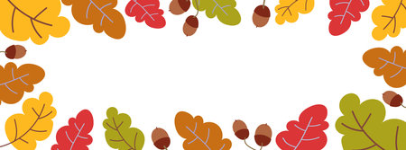 Autumn leaves horizontal background. Abstract childish oak foliage with acorns. Frame template with copy space for text. Vector illustration isolated on whiteのイラスト素材