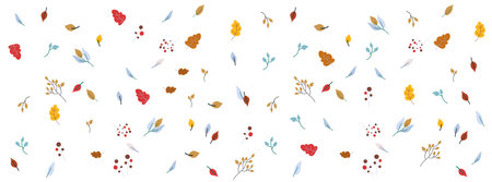 Autumn leaves and berries horizontal background. Abstract childish multicolored foliage. Banner template Flat style vector illustration isolated on whiteのイラスト素材