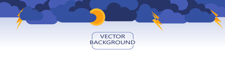 Abstract background with rain clouds, thunderbolts and sun. Monsoon season banner. Rainy weather backdrop. Flat style web template vector illustrationのイラスト素材
