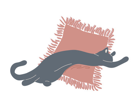 Sleeping cat vector illustration. Grey kitty lies on a pink pillow. Pajama party symbol. Hand drawn clip art element isolated on white backgroundのイラスト素材