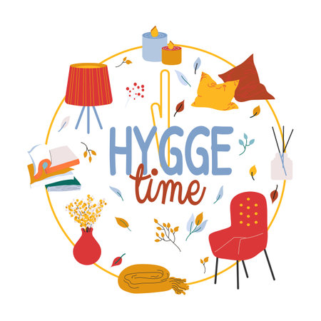 Hygge time concept vector illustration isolated on white background. Stylized wall clock with home decor and leasure time elements. Cute card in bright warm paletteのイラスト素材