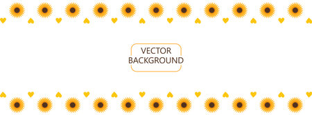 Floral horizontal background. Simple yellow sunflowers and hearts Abstract banner template with copy space for text. Flat style vector illustration isolated on whiteのイラスト素材