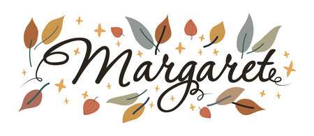 Margaret female name vector illustration isolated on white background. Cute typography decorated by autumn leaves and starsのイラスト素材