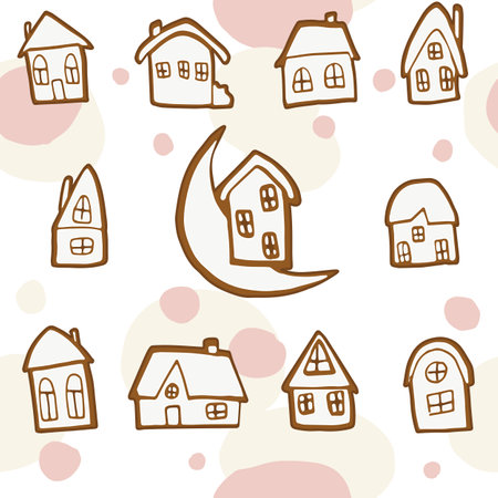 Gingerbread house seamless pattern. Fantasy abstract background with ovals and circles. White and pink icing hand drawn christmas cookies in flat cartoon style vector illustrationのイラスト素材