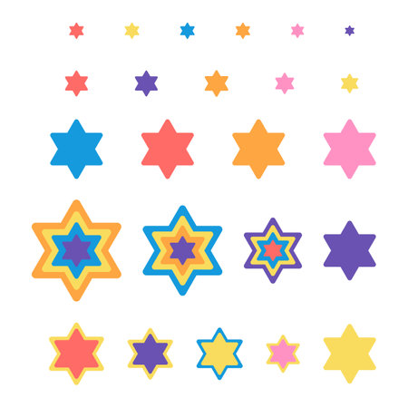 star of David set 24 bright elements in different colors and size. Vector illustration in flat style. Every object isolated on white backgroundのイラスト素材