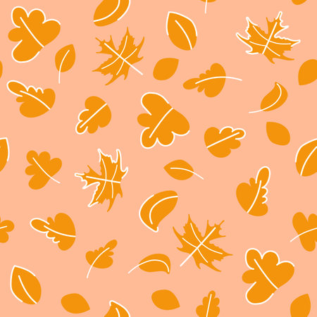 Autumn leaves seamless pattern childish vector illustration. Orange falling leaves in different shapes with white outline on muted pink background. Doodle flat simple designのイラスト素材