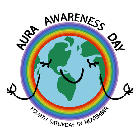 Aura awareness day vector illustration Cute Earth globe meditates. Aura of the body with layers of rainbow colors. Card isolated on white backgroundのイラスト素材