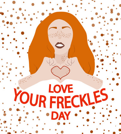 Love your freckles day celebration card. Red haired women with heart shaped arms and typography. Self positive concept. Brown dots on white background. Flat style vector illustrationのイラスト素材
