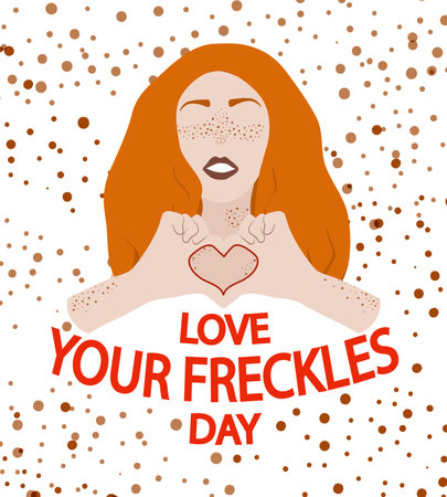 Illustration pour Love your freckles day celebration card. Red haired women with heart shaped arms and typography. Self positive concept. Brown dots on white background. Flat style vector illustration - image libre de droit