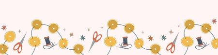 Horizontal background with garland of dried oranges and stars vector illustration isolated on ligth pink. Seasonal handmade banner Christmas decor Simple flat styleのイラスト素材
