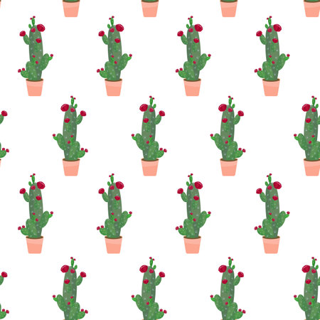Flowering cacti seamless pattern vector illustration. Blooming green houseplants with crimson flowers in pots. Cute abstract succulent. Elements are isolated on white backgroundの写真素材
