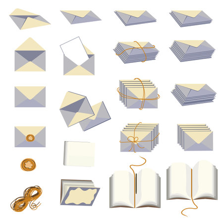 Envelope and paper and diary vector illustration in flat style Blue and beige elements in different positions with orange detailsのイラスト素材
