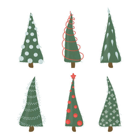 Six deep green christmas trees vector set in flat style. Xmas firs decorated by red and blue lights and balls and white snowflakes isolated on white backgroundのイラスト素材