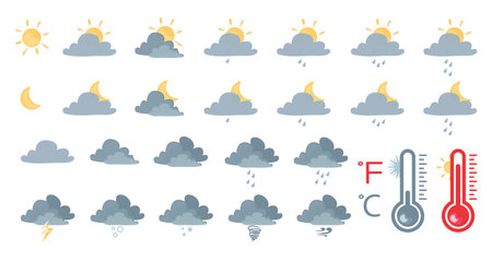 Set of weather icons isolated on white background: sun, crescent moon, thermometer, cloud, rain, wind, tornado, snow, lightning, hail Vector illustration in flat cartoon style for mobile apps, widgetsのイラスト素材
