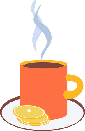Tea cup with sliced lemon vector illustration isolated on transparent background. Orange and yellow cup of tea or coffee with blue steam floating up. Flat style clip artのイラスト素材
