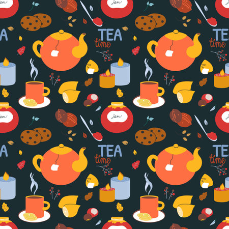 Tea time seamless pattern vector illustration decorated by autumn leaves. Tea accessories, lemon and chocolate cookies on dark background. Get cozy concept Hygge lifestyle Flat cartoon styleのイラスト素材