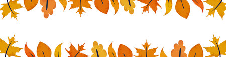 Autumn leaves horizontal background. Abstract simple foliage with watercolor texsture. Frame template with copy space for text. Vector illustration isolated on whiteのイラスト素材